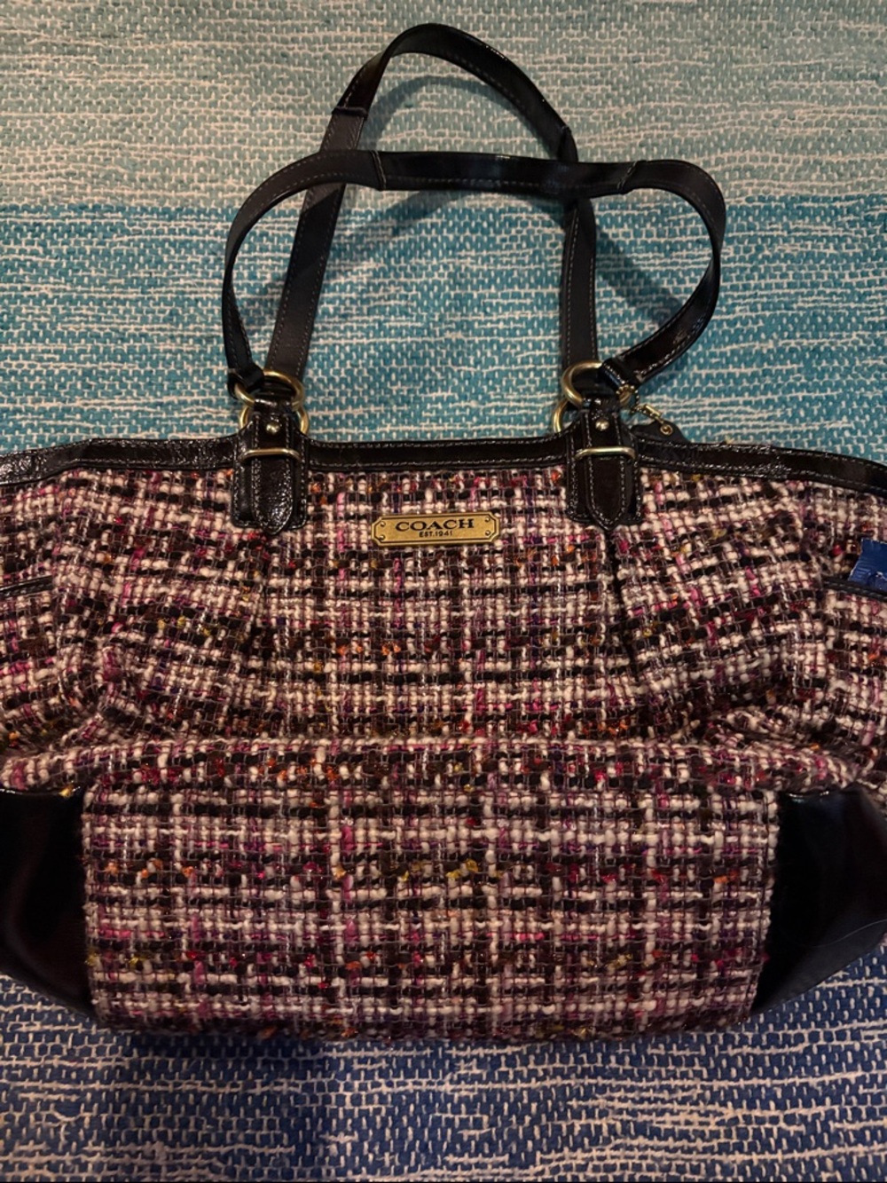 COACH Multicolor Tweed Tote with Black Leather Trim